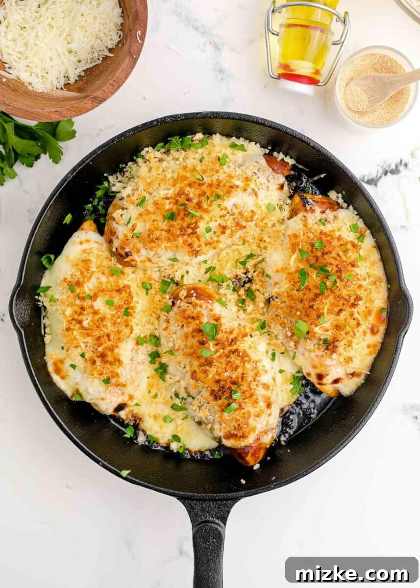 Finished Parmesan Crusted Chicken, with a perfectly browned panko topping and fresh parsley, in a cast iron skillet.