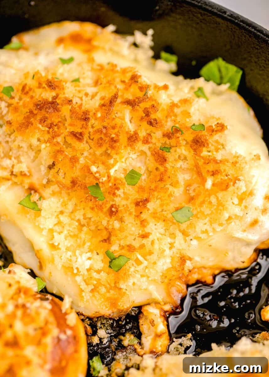 Close-up of a chicken breast topped with a thick, golden-brown panko and melted cheese crust, showcasing its texture.