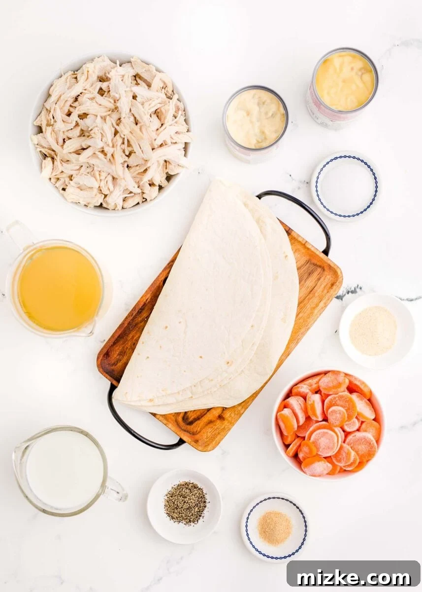 Comfort Chicken with a Tortilla Twist 4 ingredients for chicken and dumplings with tortillas: flour tortillas, cream of chicken, cream of celery, salt, garlic and onion powder, pepper, milk, chicken broth, shredded chicken