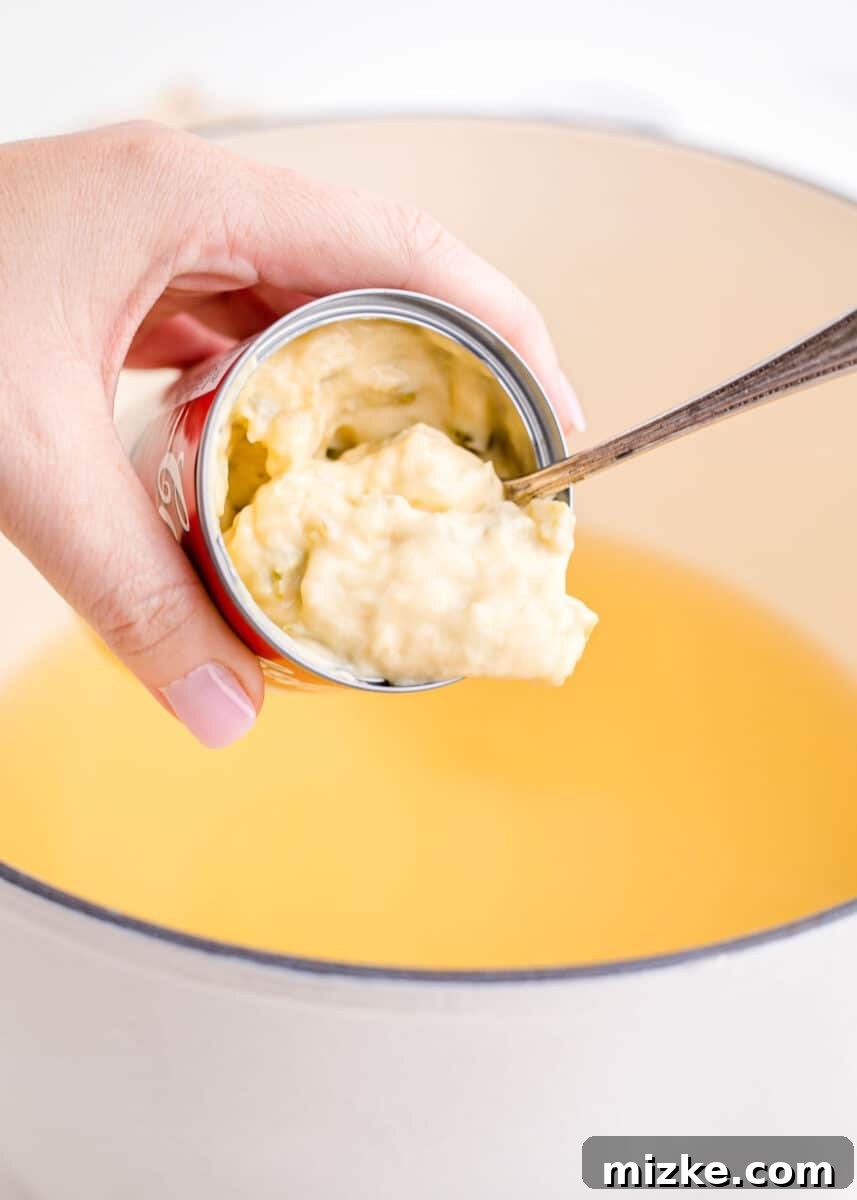 Comfort Chicken with a Tortilla Twist 6 adding condensed cream soup into the pot with the chicken stock