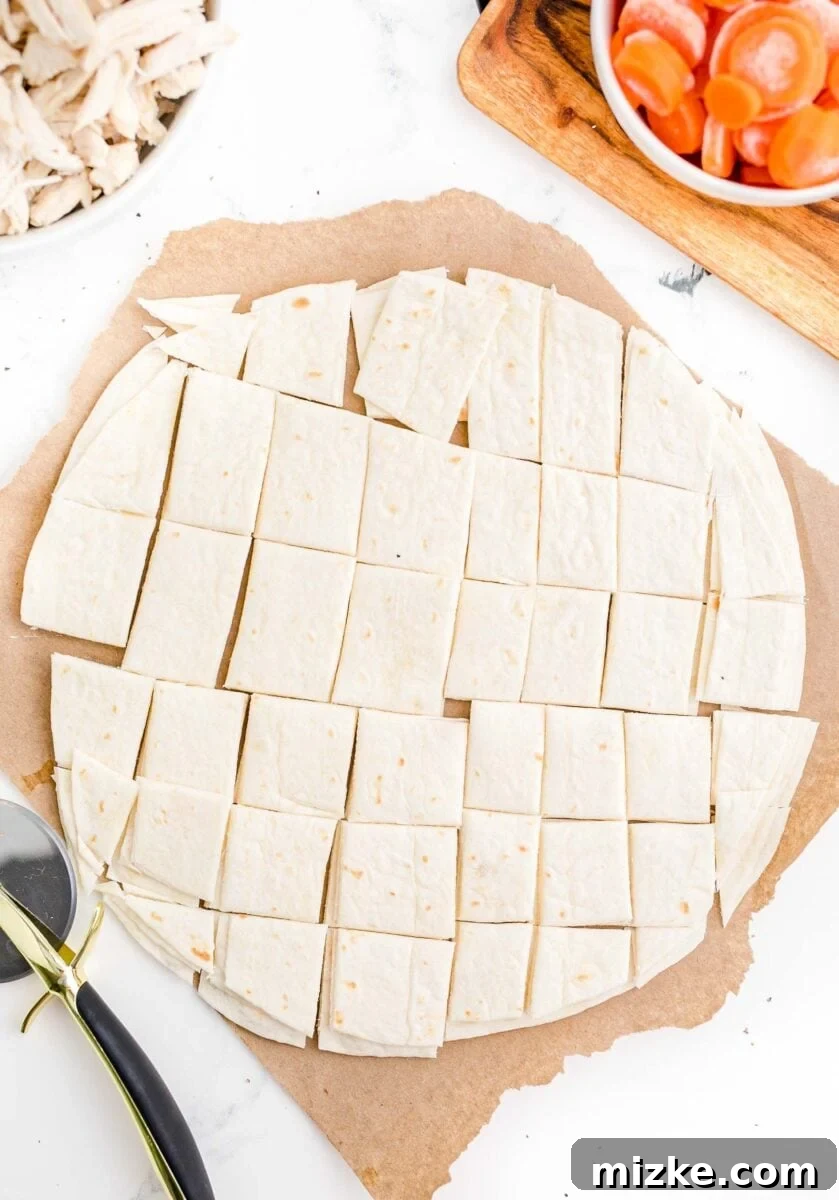 Comfort Chicken with a Tortilla Twist 8 flour tortillas cut into squares with a pizza cutter