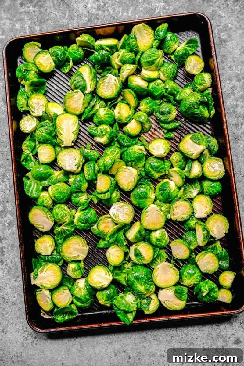 Golden Bacon Roasted Brussels Sprouts 6 Seasoned brussels sprouts spread in a single layer on a rimmed baking sheet, ready for roasting.
