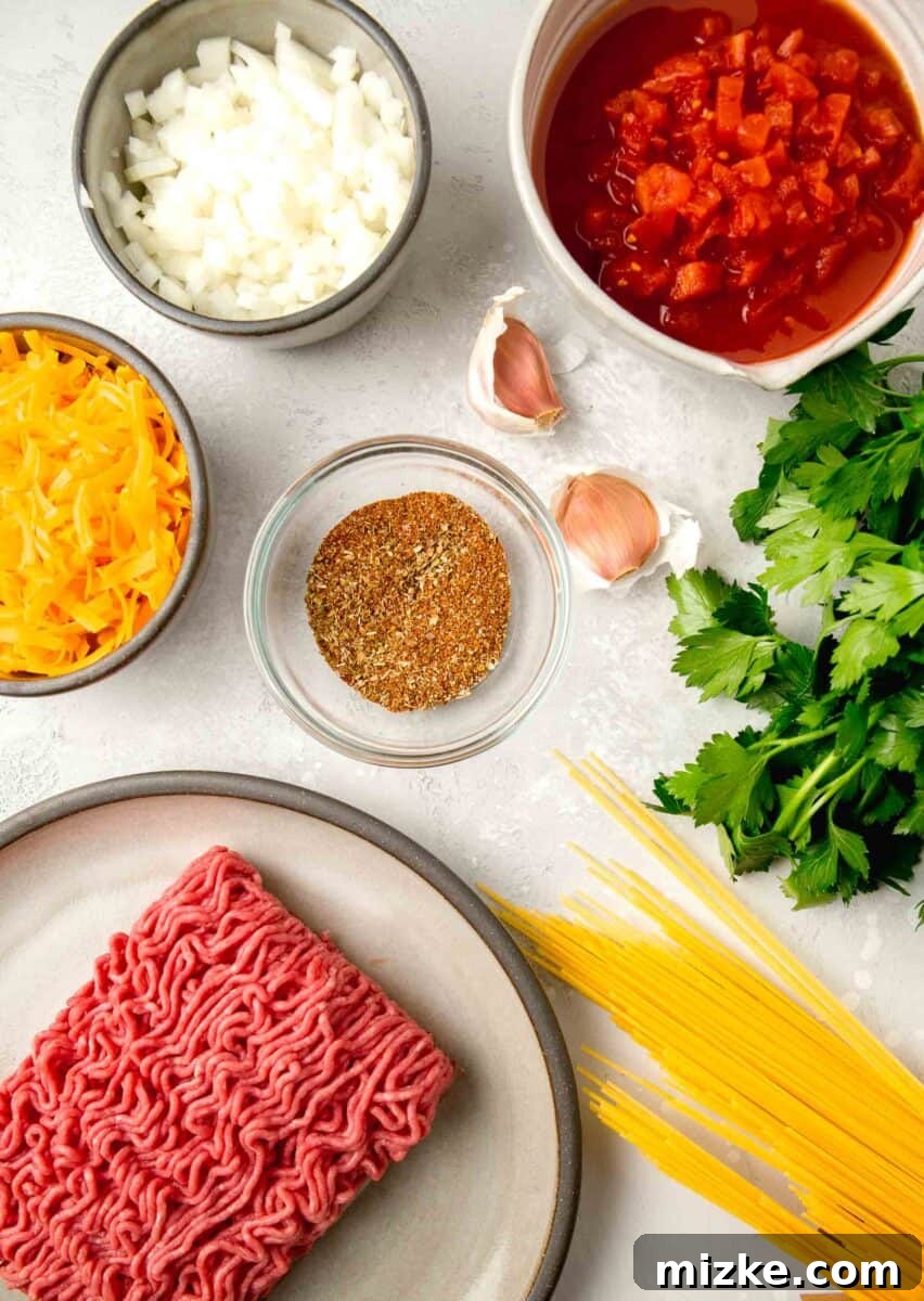 Key ingredients for your flavorful One-Pot Taco Spaghetti recipe. Arrangement of fresh ingredients for taco spaghetti: ground beef, a packet of taco seasoning, a block of cheddar cheese, a diced onion, a can of diced tomatoes, minced garlic, fresh parsley, and thin spaghetti pasta.