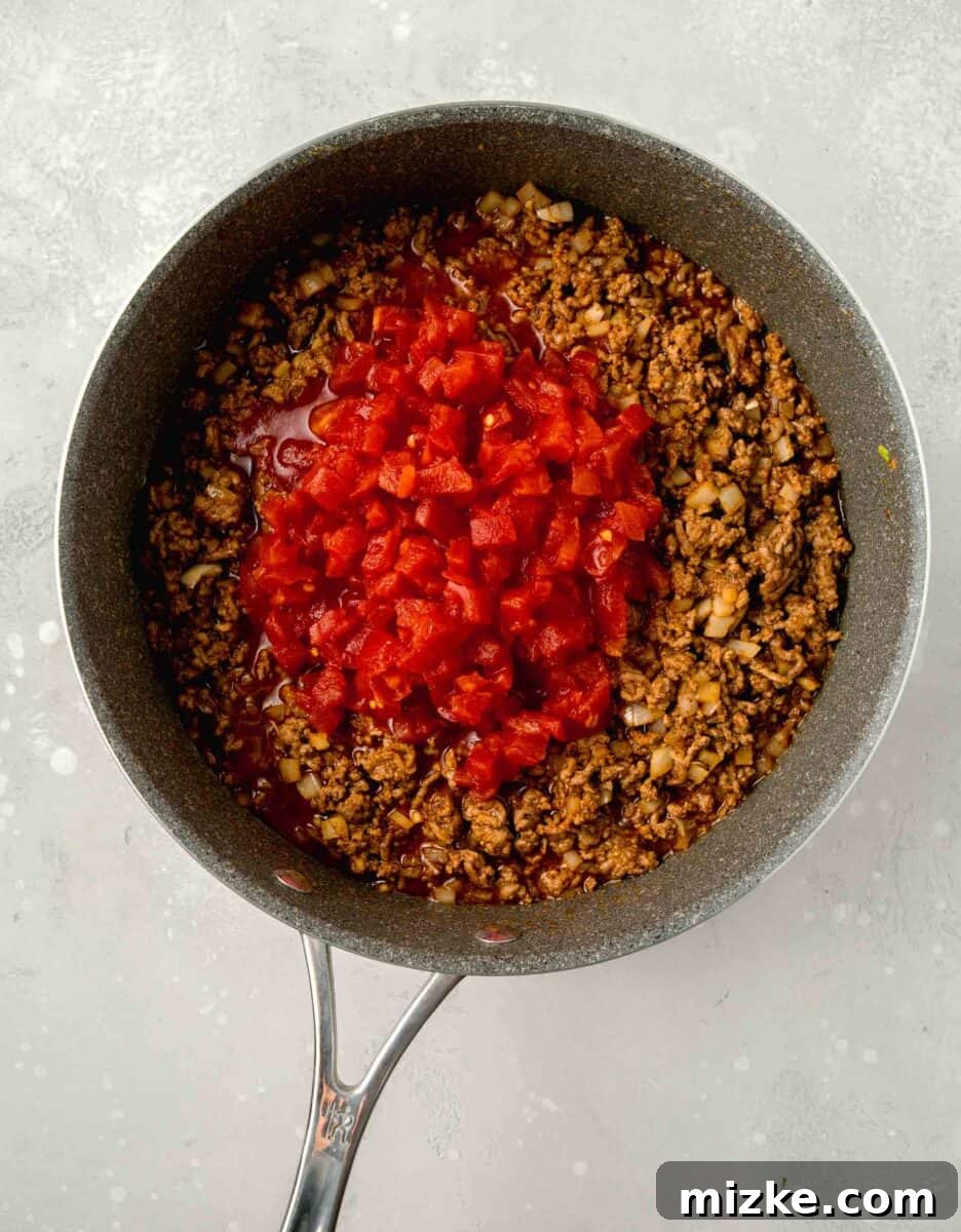 Step 3: Adding the diced tomatoes and liquid. Canned diced tomatoes poured over the seasoned ground beef mixture in the skillet.
