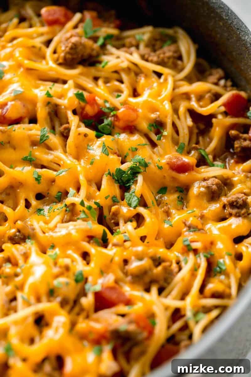 The irresistible melted cheese layer on top of your taco spaghetti. Close-up shot of melted, gooey cheddar cheese on top of a serving of one-pot taco spaghetti, highlighting its rich texture.
