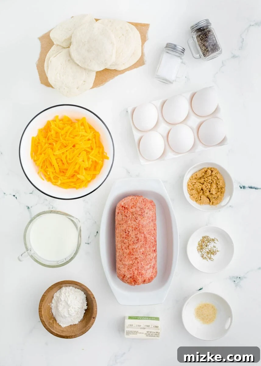 Southern Comfort Biscuit Bake 4 ingredients for biscuits and gravy casserole: biscuits, salt and pepper, eggs, brown sugar, thyme, garlic powder, sausage, butter, flour, milk, and cheese