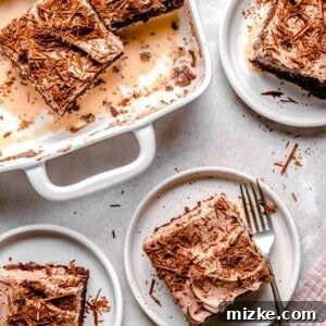 A serving of moist chocolate tres leches cake on a plate with a fork, next to a larger pan of the cake.