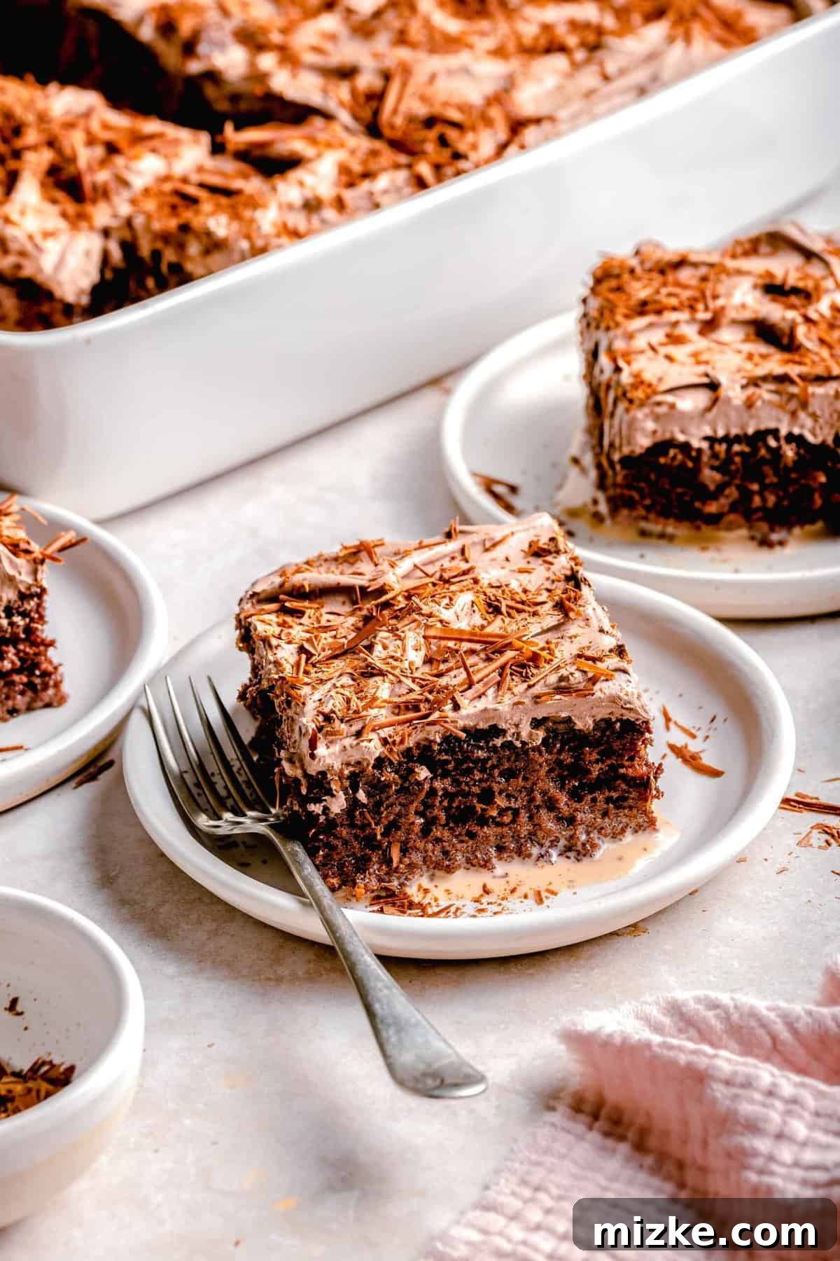 Chocolate cake is soaked in 3 kinds of milk and topped with chocolate Cool Whip and shaved chocolate in this spin on tres leches cake. A serving of chocolate tres leches cake on a plate, with a larger baking dish of the cake in the background.