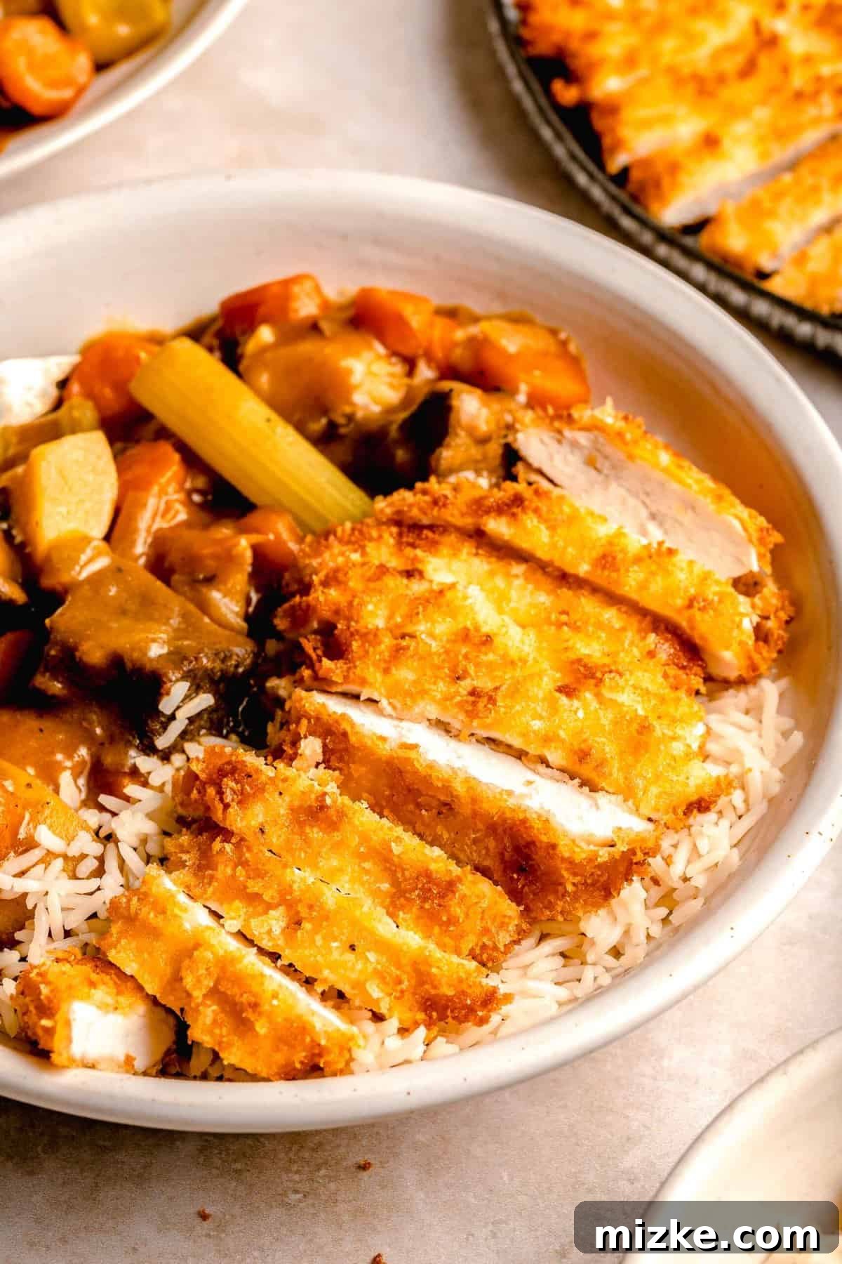 A perfect serving of comforting Chicken Katsu Curry. A hearty bowl of Chicken Katsu Curry ready to be enjoyed, showcasing the perfectly golden chicken katsu slices and the rich, savory beef curry alongside fluffy white rice, with a smaller bowl of curry and a plate of katsu in the background.