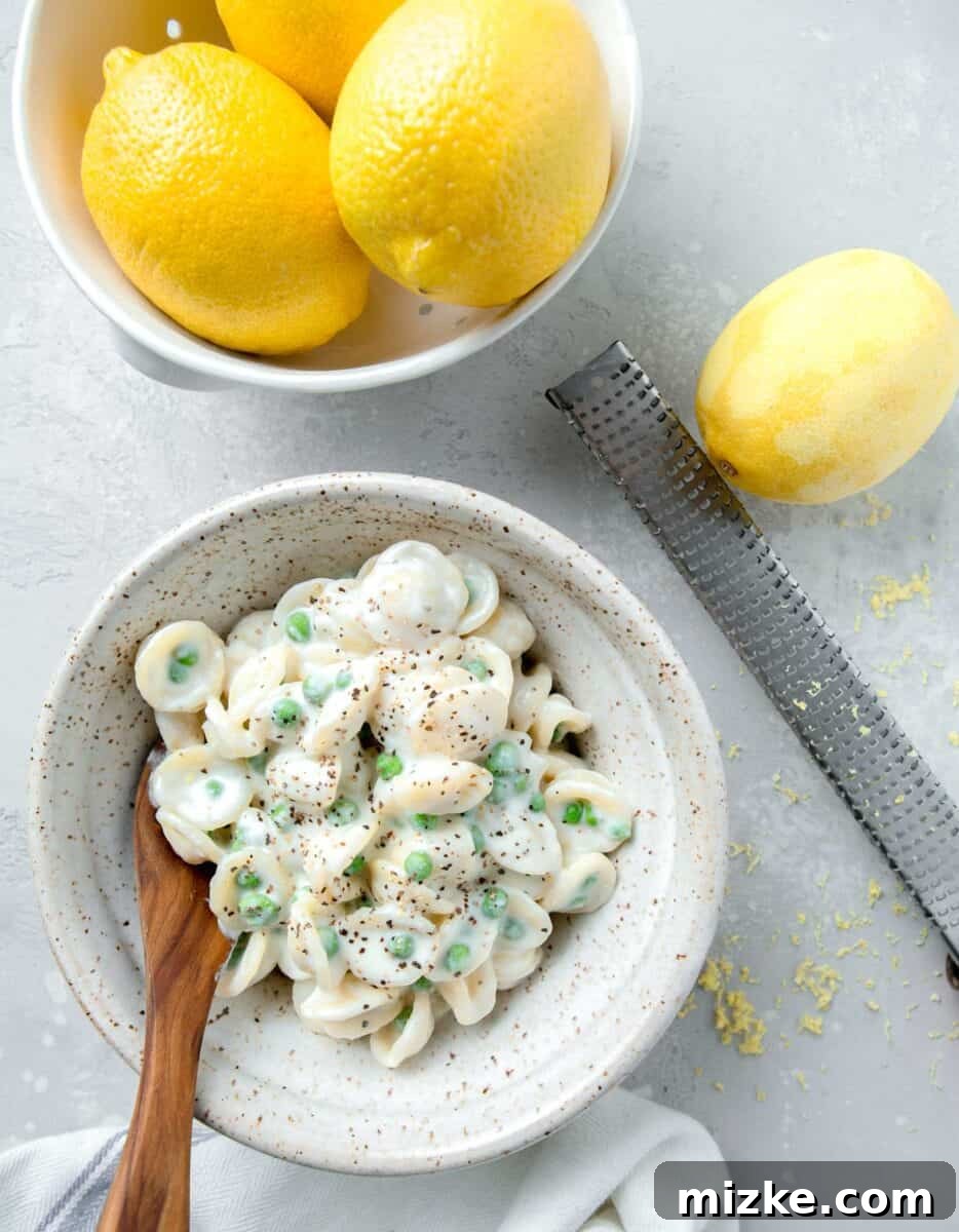 Creamy Lemon Ricotta One-Pot Pasta 2 Overhead image of creamy lemon ricotta pasta with green peas, served in a speckled bowl with a wooden spoon. Fresh lemons and a zester are visible nearby.