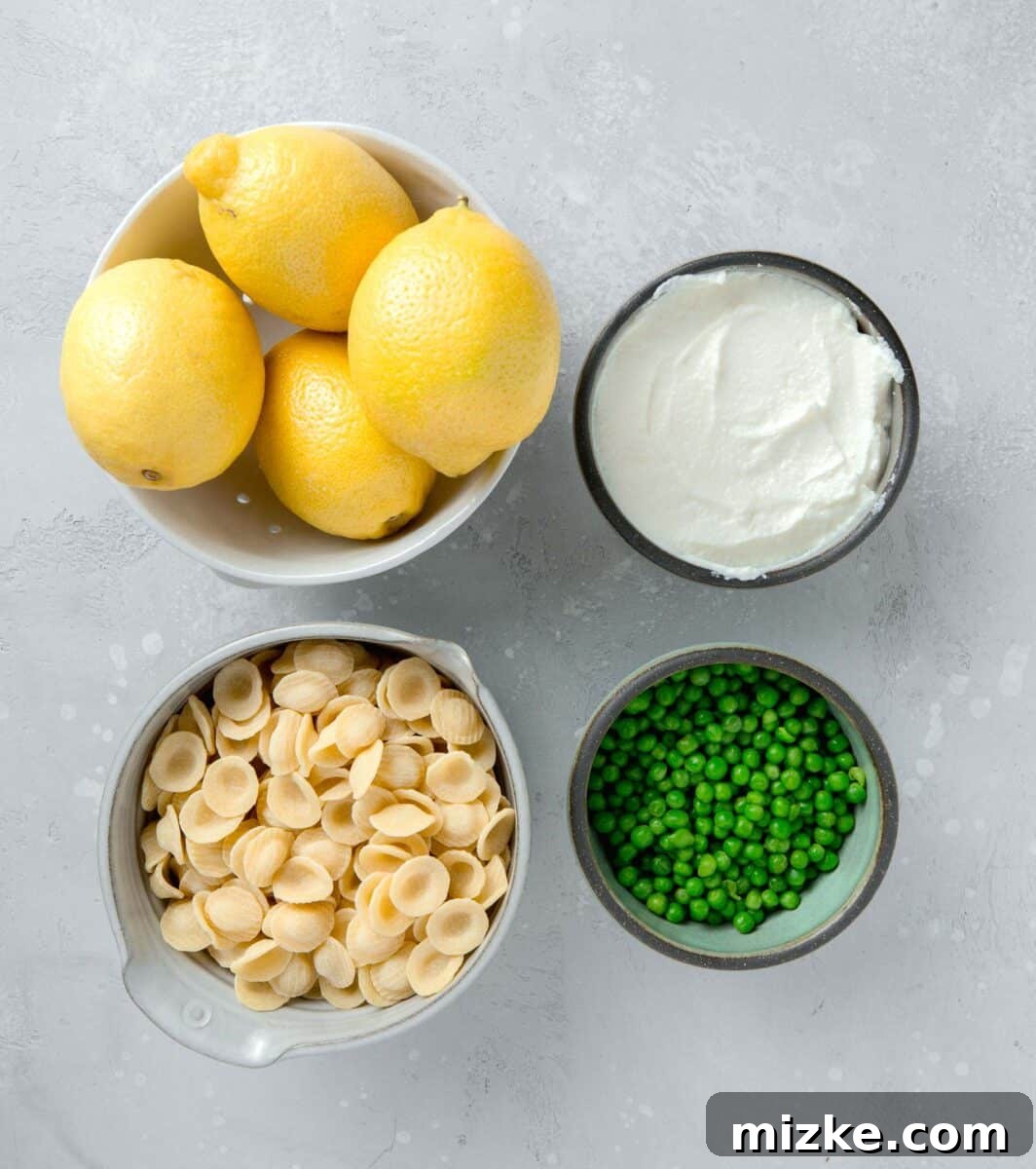 Creamy Lemon Ricotta One-Pot Pasta 3 Fresh ingredients laid out for one pot ricotta and lemon pasta, including dried pasta, ricotta cheese, lemons, and frozen peas.