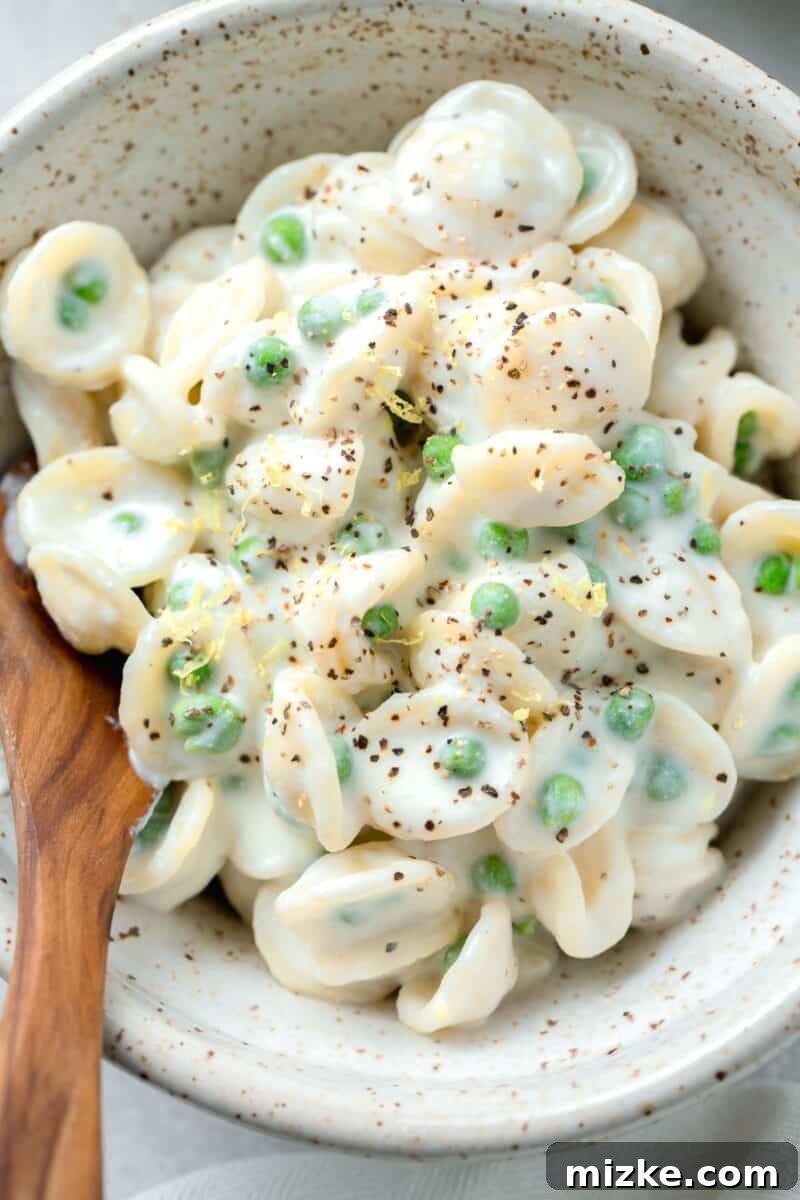 Creamy Lemon Ricotta One-Pot Pasta 6 Close-up of lemon and ricotta pasta served in a speckled bowl, garnished with fresh lemon zest and cracked black pepper.