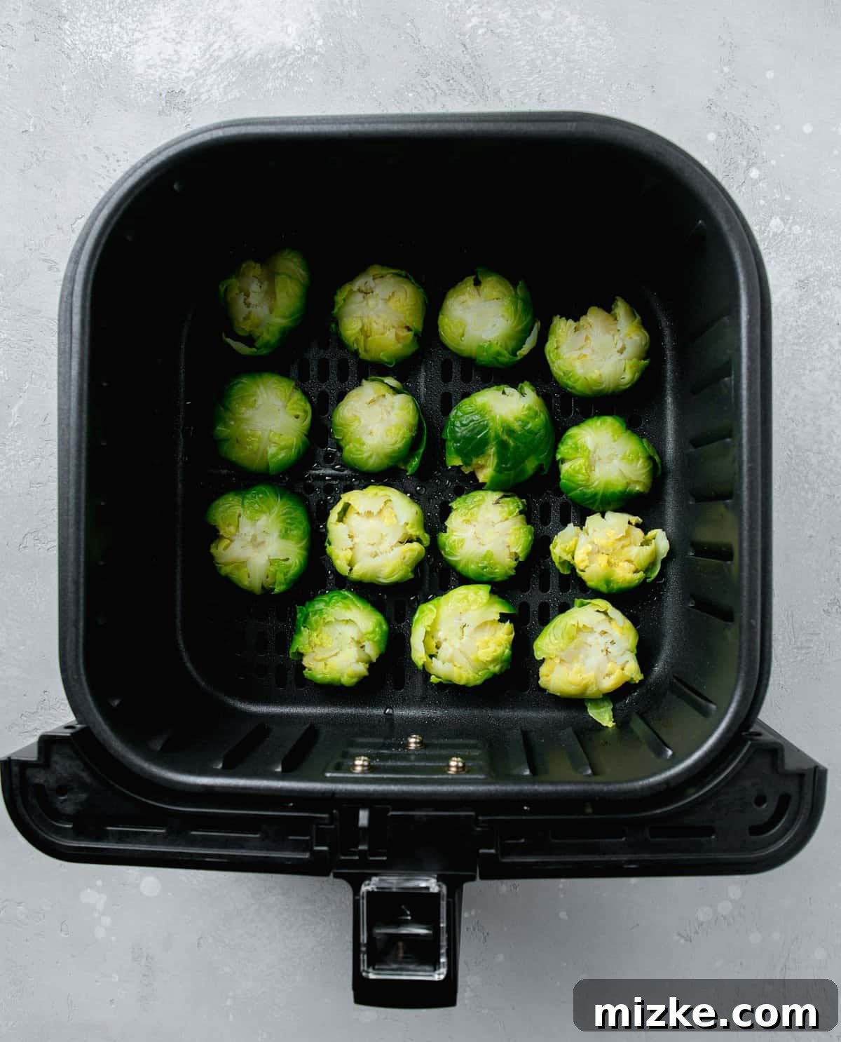 Perfectly Crisped Air Fryer Smashed Brussels Sprouts 5 Smashed Brussels sprouts arranged neatly in the basket of an air fryer, ready for cooking