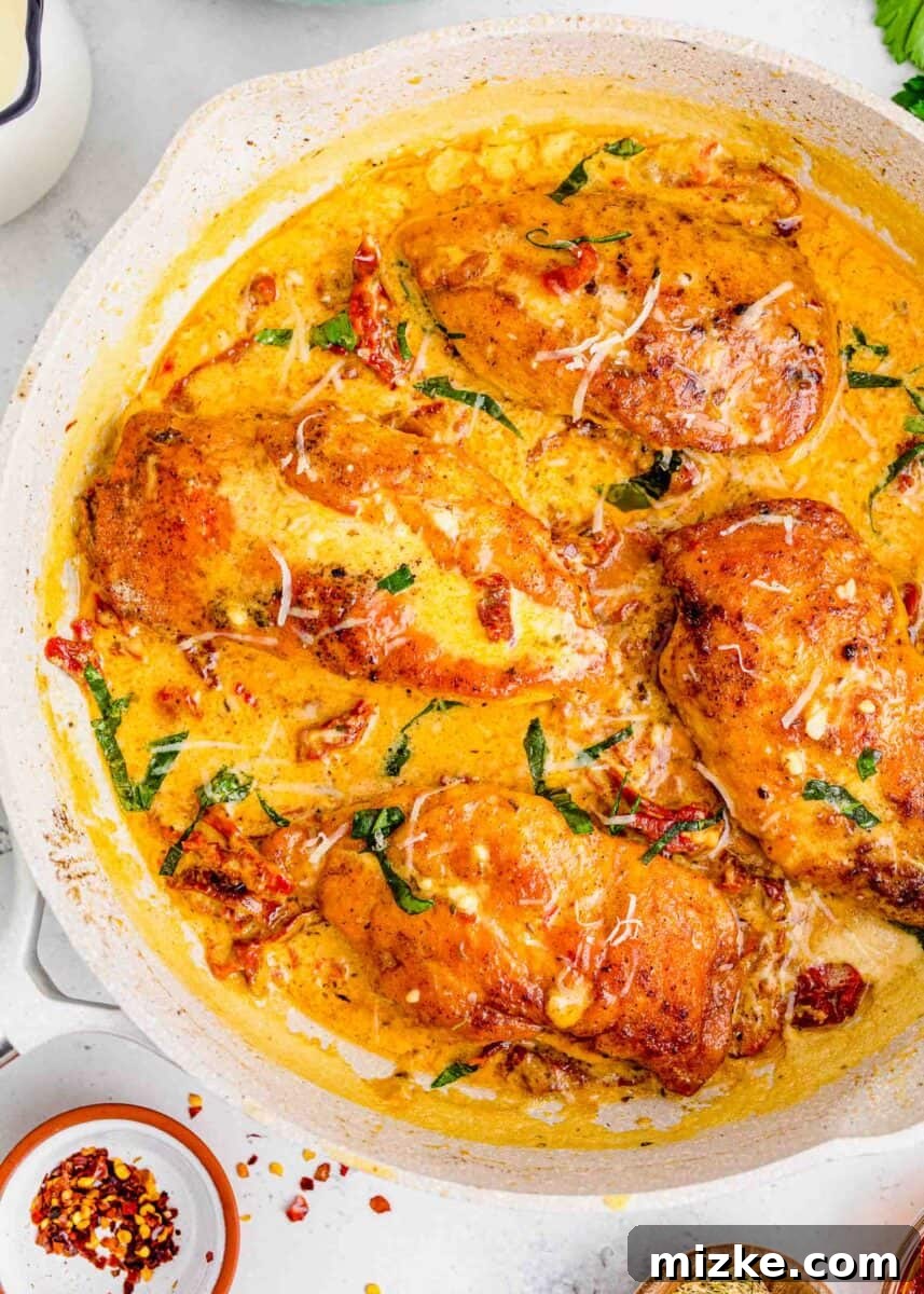 Yes-I-Will Chicken 2 Seared chicken breasts in a rich cream sauce with sun-dried tomatoes, basil, and grated Parmesan cheese