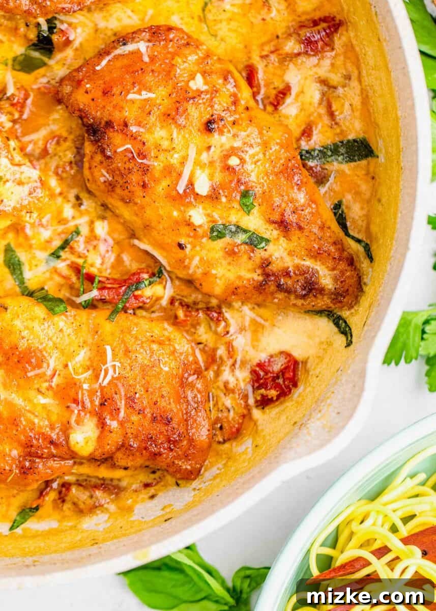 Yes-I-Will Chicken 11 Close-up of golden seared chicken breast coated in rich cream sauce with Parmesan and fresh basil