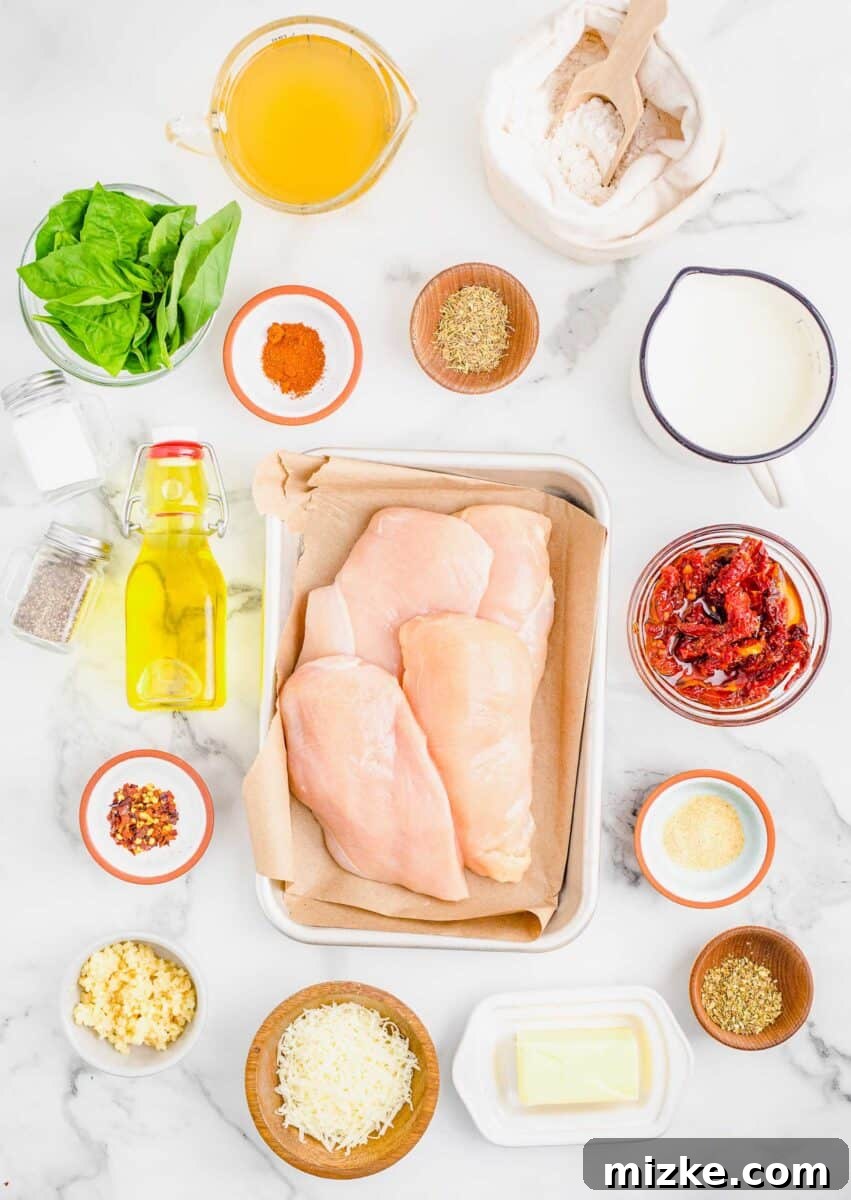 Yes-I-Will Chicken 4 A selection of fresh ingredients for Marry Me Chicken laid out on a kitchen counter