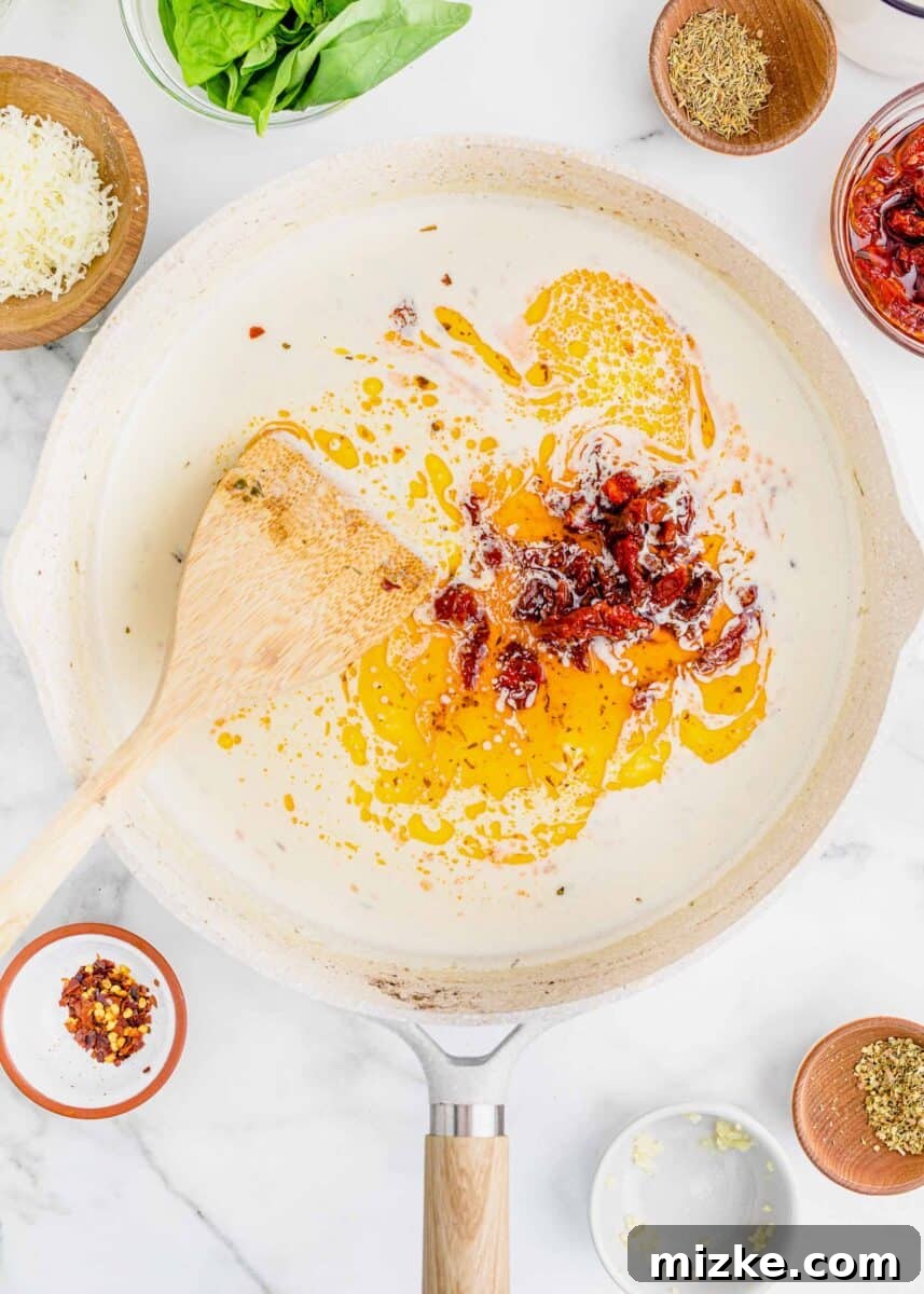 Yes-I-Will Chicken 8 Sun-dried tomatoes added to the cream sauce mixture in a nonstick skillet