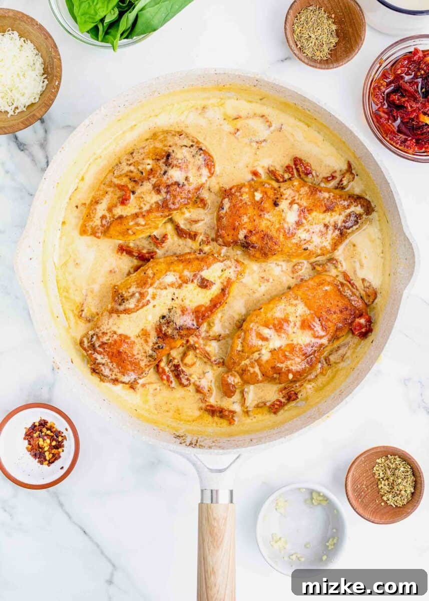 Yes-I-Will Chicken 9 Seared chicken breasts returned to the simmering cream sauce in a nonstick skillet