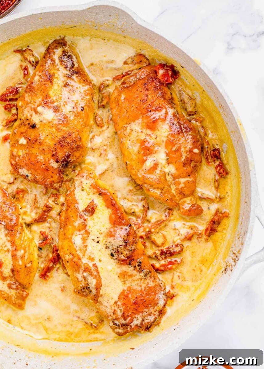 Yes-I-Will Chicken 10 Creamy sauce generously coating chicken breasts in a nonstick skillet, ready to serve