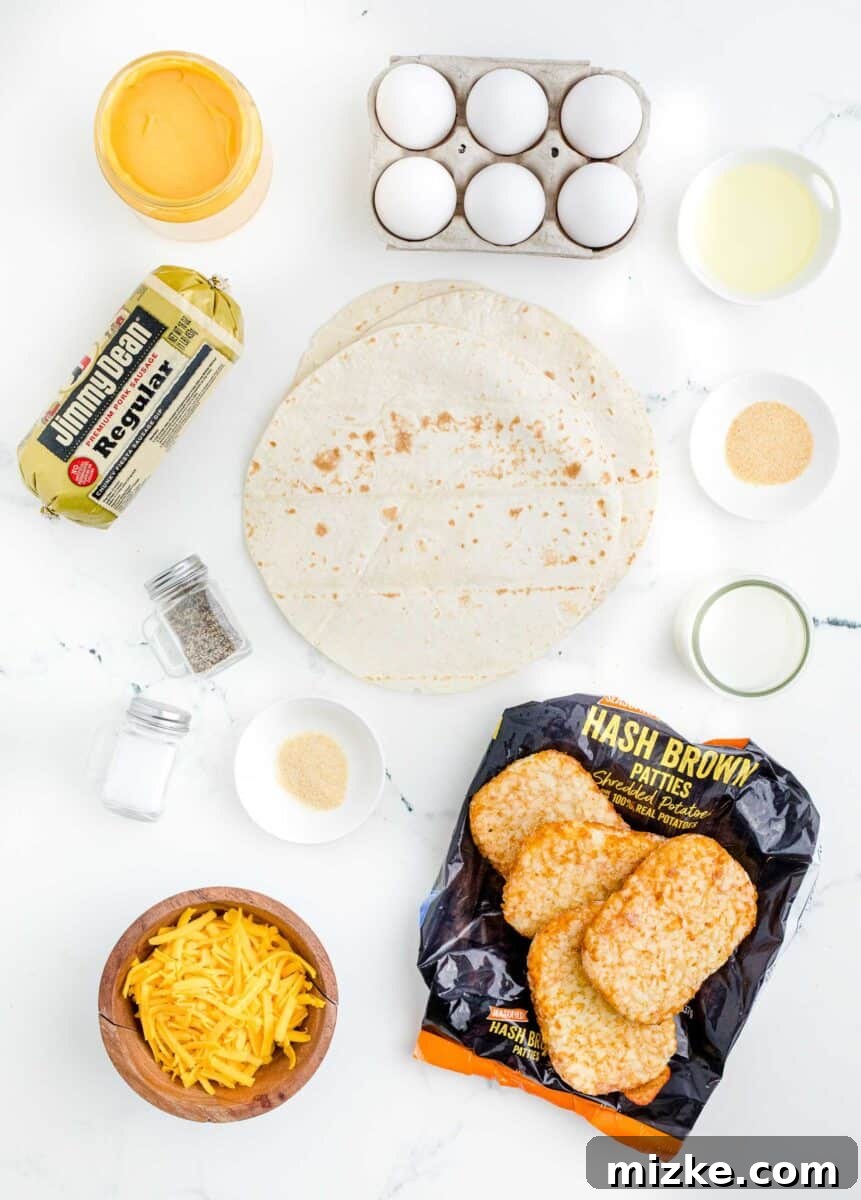 Sunrise Crunch Fold 3 The organized array of fresh ingredients for building delicious breakfast crunchwraps, including tortillas, eggs, sausage, and hashbrowns, are beautifully presented on a pristine white surface.