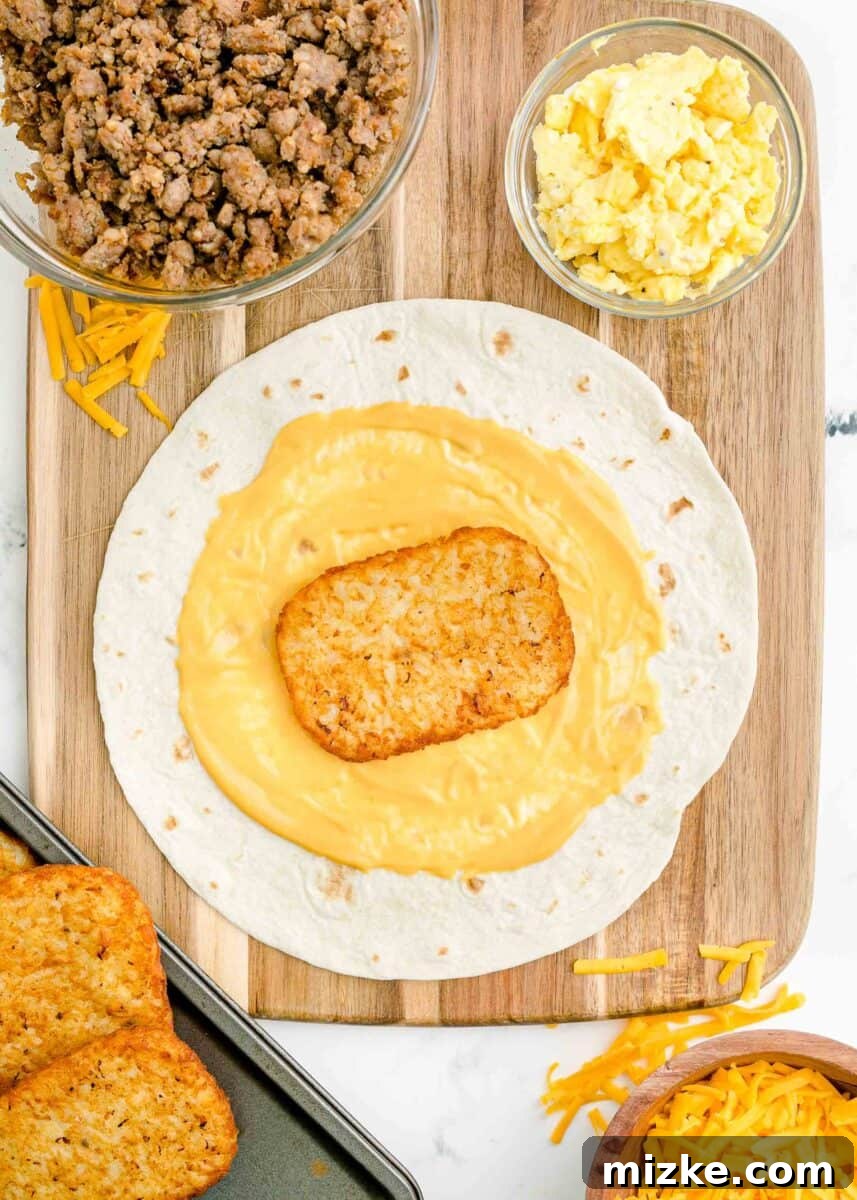 Sunrise Crunch Fold 7 A perfectly baked, crispy hashbrown patty rests atop a generous layer of nacho cheese, positioned centrally on a warm tortilla.