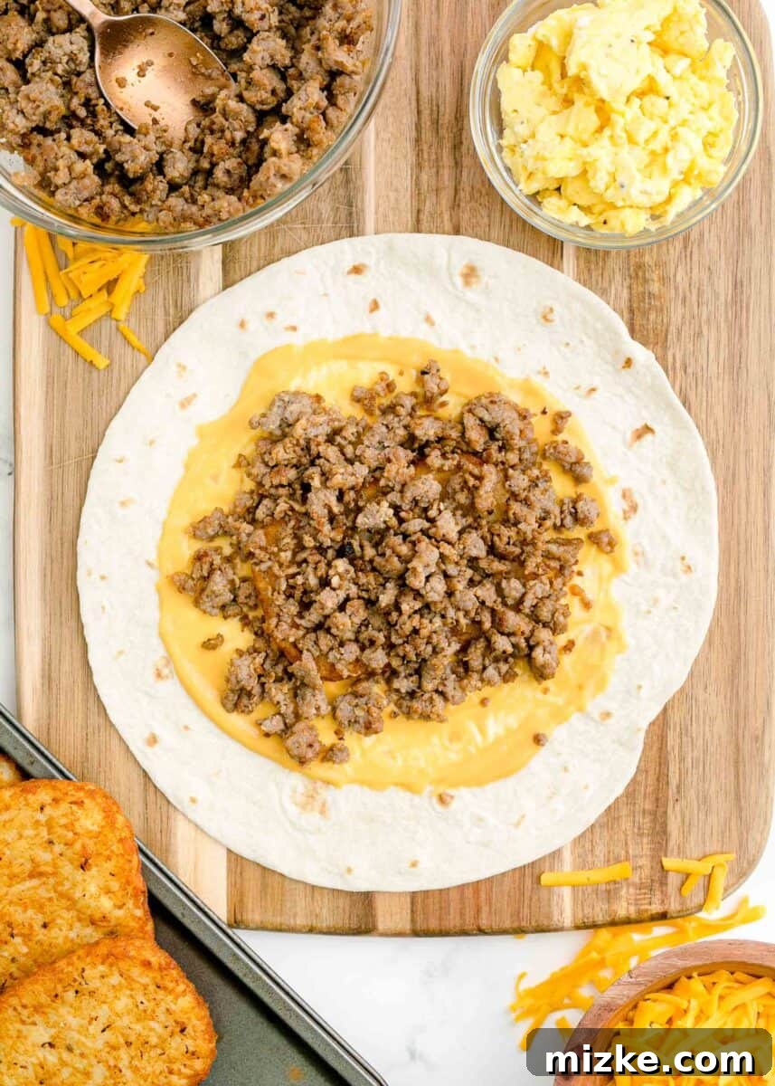 Sunrise Crunch Fold 8 A savory layer of seasoned breakfast sausage and shredded cheddar cheese is evenly spread over a tortilla, forming the next delicious layer of the crunchwrap.