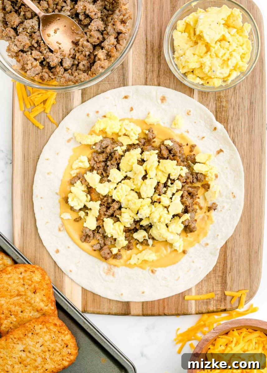 Sunrise Crunch Fold 9 The vibrant layers of a breakfast crunchwrap are complete, with fluffy scrambled eggs, melted cheese, and savory sausage neatly stacked on a large tortilla.