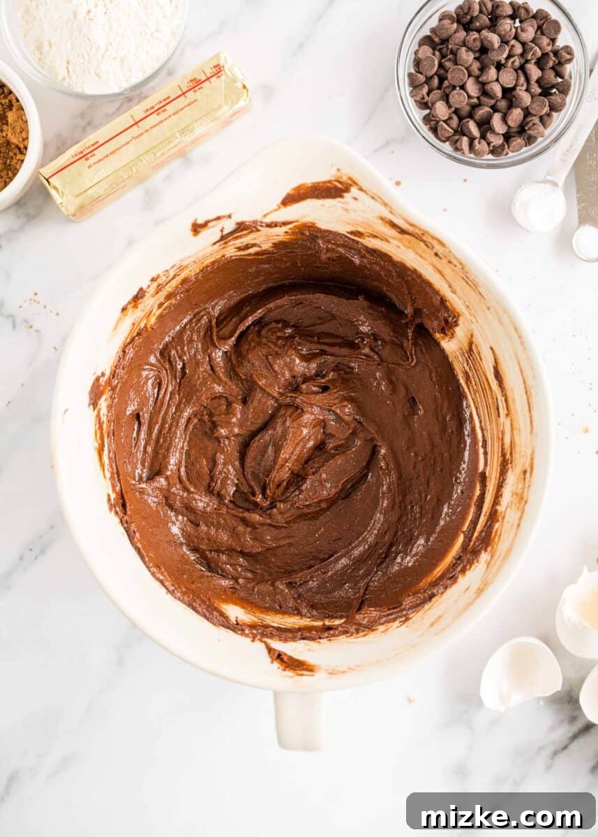 Brownie Cookie Fusion 4 Rich brownie batter has been perfectly mixed in a large glass bowl, showing its smooth, dark chocolate consistency.
