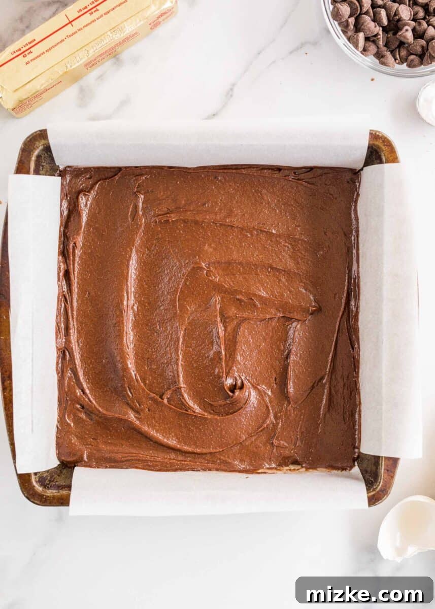 Brownie Cookie Fusion 5 The smooth, dark brownie batter is evenly spread in a prepared square baking dish, forming the base layer for the brookies.