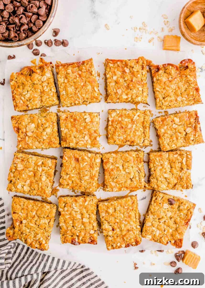 The Carmelitas Legacy 13 Perfectly cut Carmelitas squares, showcasing the rich layers of oats, chocolate, and caramel from a top-down view.