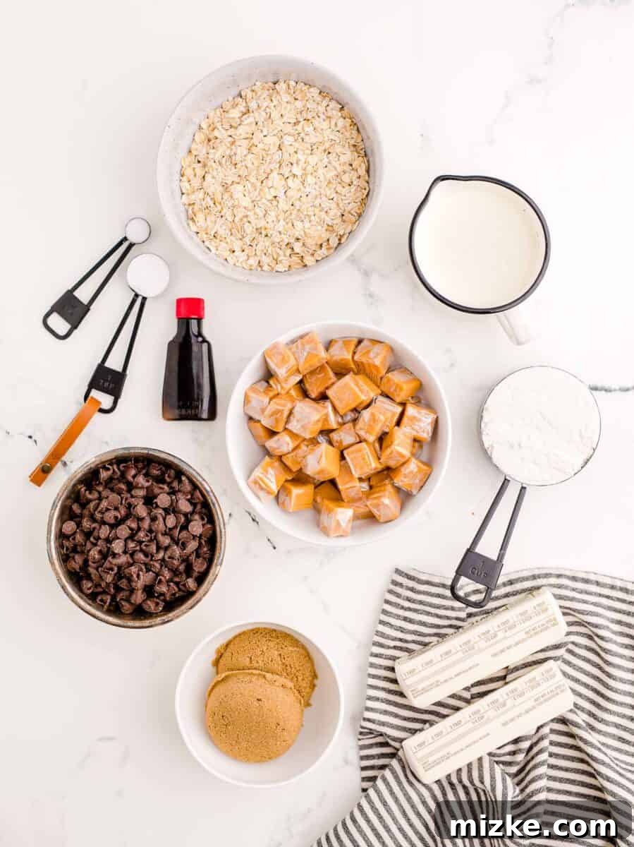 The Carmelitas Legacy 3 The essential ingredients for baking delicious Carmelitas, neatly arranged on a pristine white surface, ready for preparation.