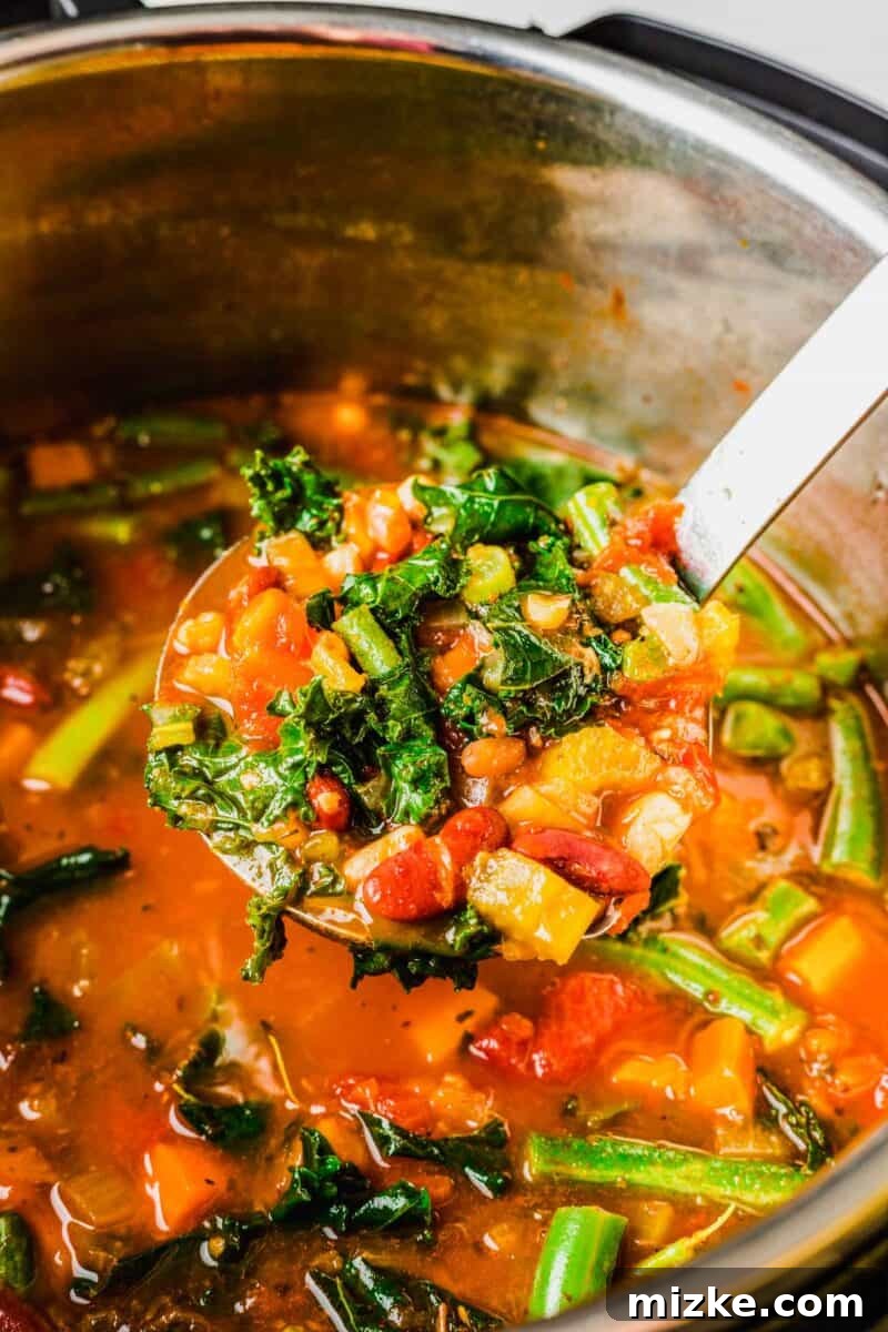 A ladle holds a generous scoop of the rich and colorful Instant Pot Bean Soup, showcasing its hearty texture.
