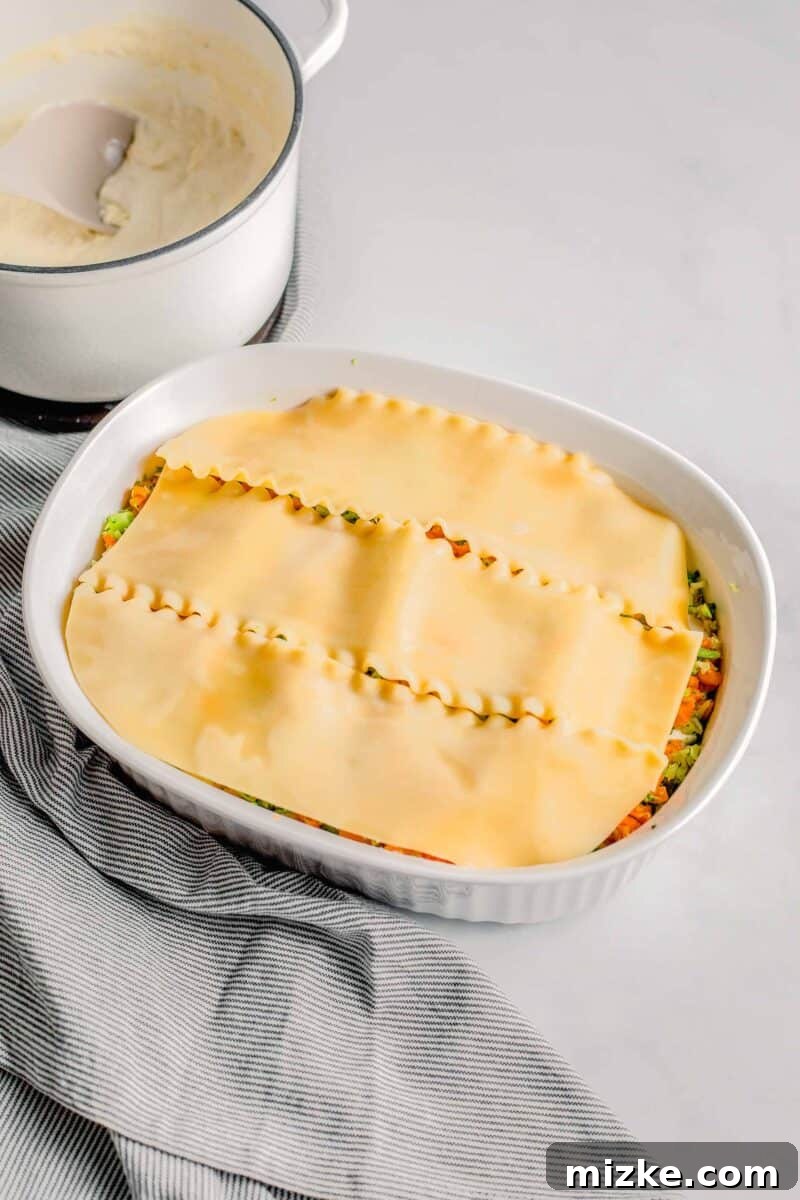 Another layer of cooked lasagna noodles is precisely placed in a baking dish, creating a solid foundation for the next filling.