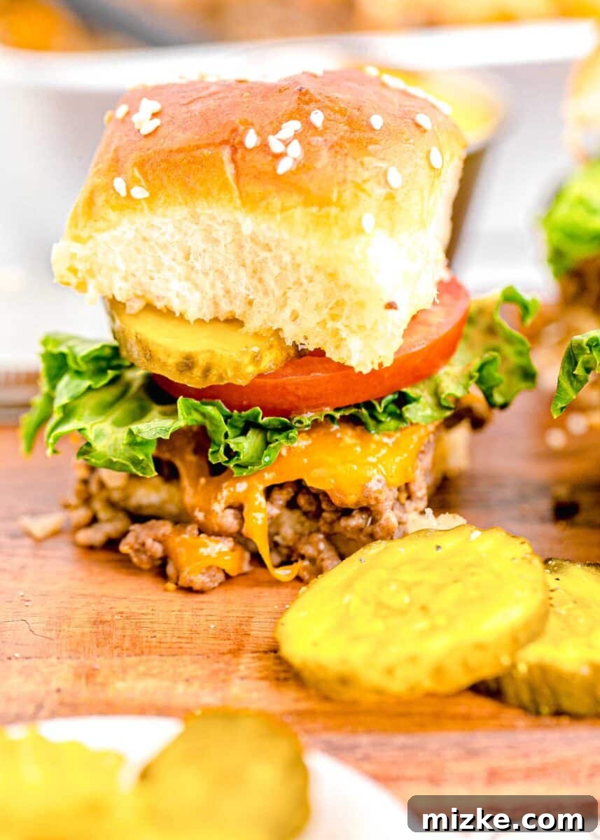 Pint-Sized Patty Perfection 11 A single, perfectly formed cheeseburger slider is presented next to a pile of crisp pickle slices on a wooden board.