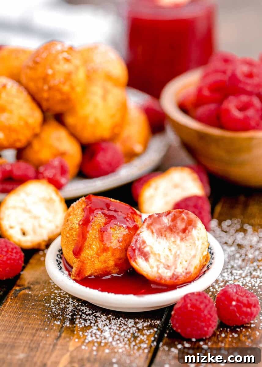 Crispy Cheesecake Poppers 11 A small serving of golden-brown fried cheesecake bites is elegantly garnished with a generous dollop of rich raspberry sauce, inviting immediate enjoyment.