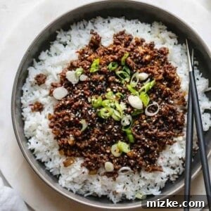 A close-up image of a savory plate of Korean Ground Beef with white rice, garnished, highlighting its rich texture and appetizing colors.