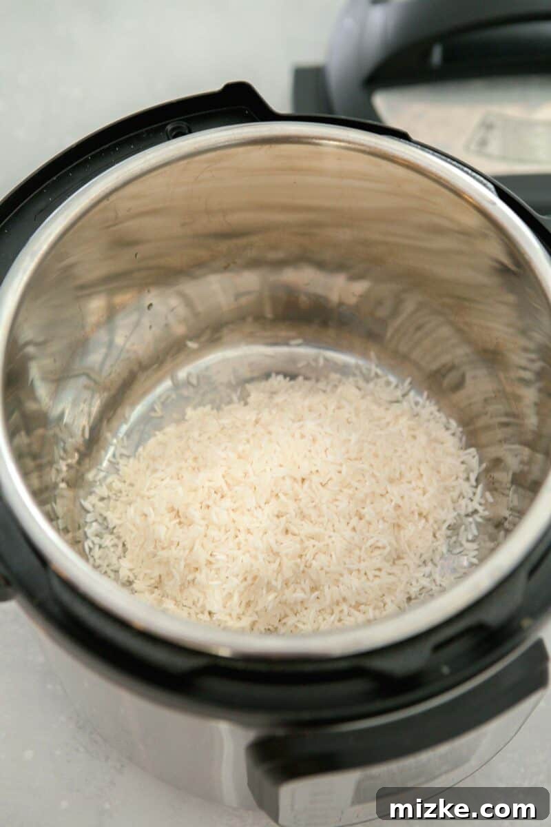 Perfect Instant Pot Jasmine Rice 6 Uncooked, rinsed jasmine rice placed directly into the insert pot of an Instant Pot