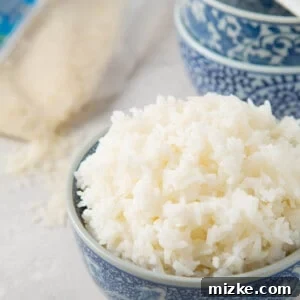 Instant Pot Jasmine rice in an ornate blue bowl