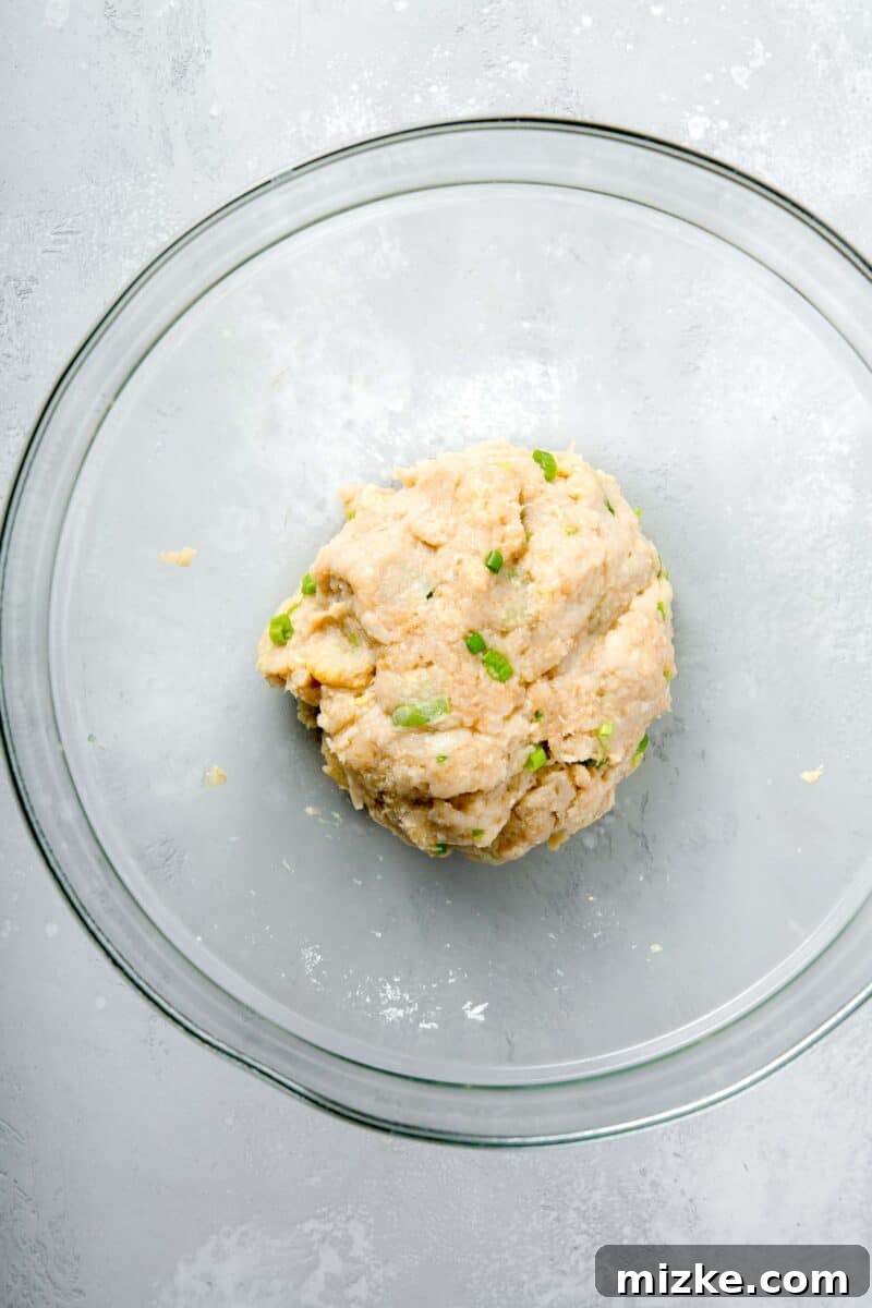The cohesive blend of ground chicken, grated ginger, salty soy sauce, and other ingredients, forming the base for homemade juicy teriyaki chicken meatballs. The fully mixed teriyaki chicken meatball mixture, perfectly combined and uniform in texture within a large clear bowl, signifying readiness for shaping.
