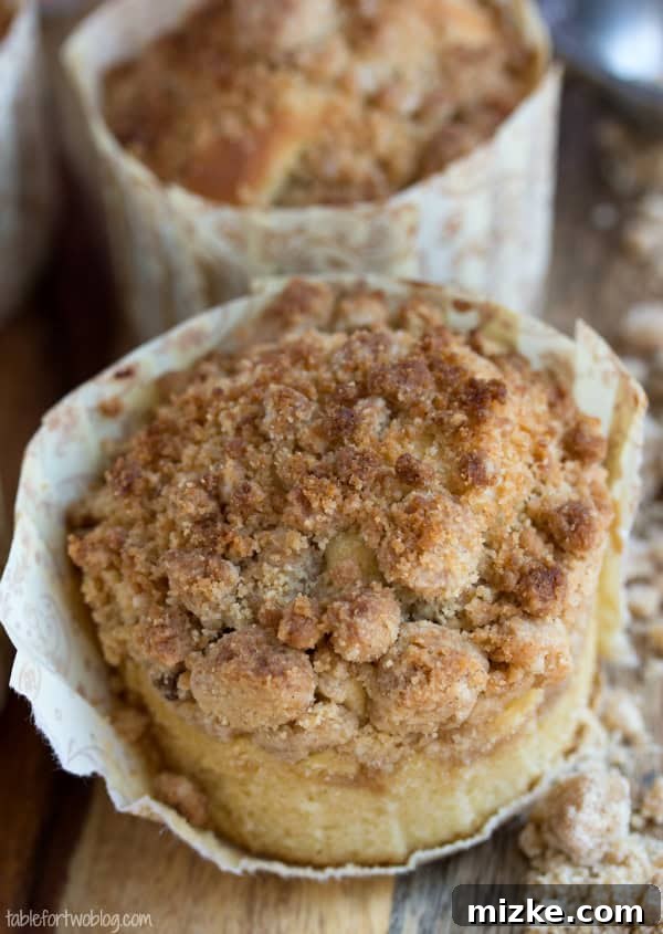 New York-Style Coffee Cake Crumb Muffins from www.tablefortwoblog.com Close-up shot of a New York-Style Coffee Cake Crumb Muffin, highlighting the thick, sugary crumb topping.