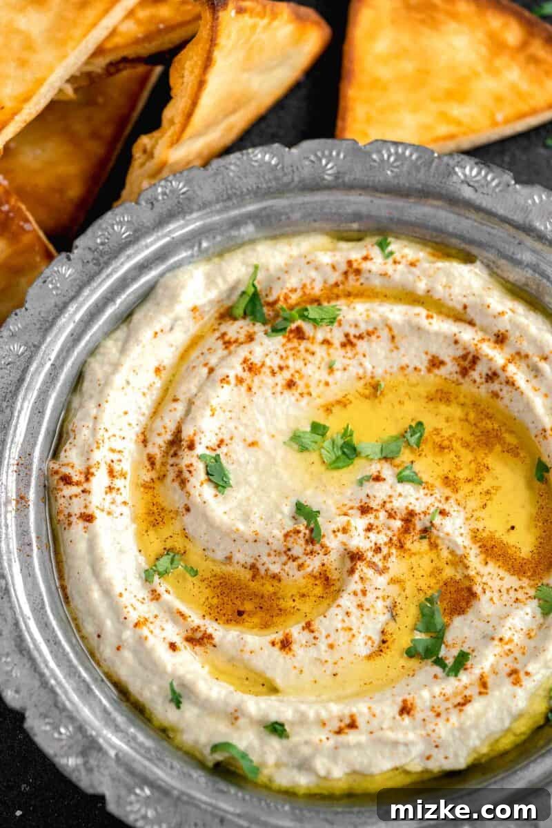 Smoky and Simple Baba Ganoush 2 A bowl of freshly made Baba Ganoush, garnished with olive oil and parsley, served alongside golden pita chips for dipping.