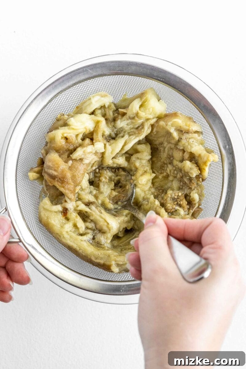 Smoky and Simple Baba Ganoush 7 Straining roasted eggplant flesh through a fine mesh sieve to remove excess moisture, ensuring a thick, creamy dip.