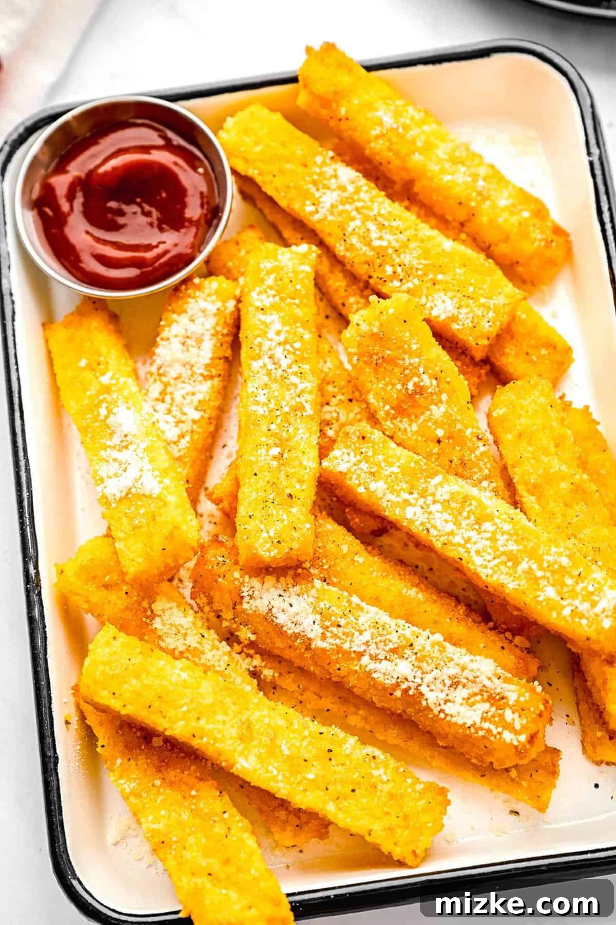 These polenta fries are made from cheesy polenta cut into strips, brushed with olive oil, and baked to crispy golden brown. Polenta fries on a serving plate with ketchup.