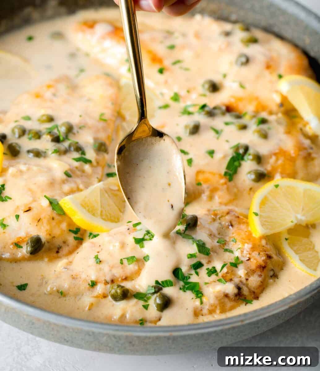 Velvety Lemon Chicken Piccata 2 Lemon cream sauce generously spooned over a golden-brown chicken breast in a skillet, adorned with fresh lemon slices, capers, and vibrant parsley sprigs.