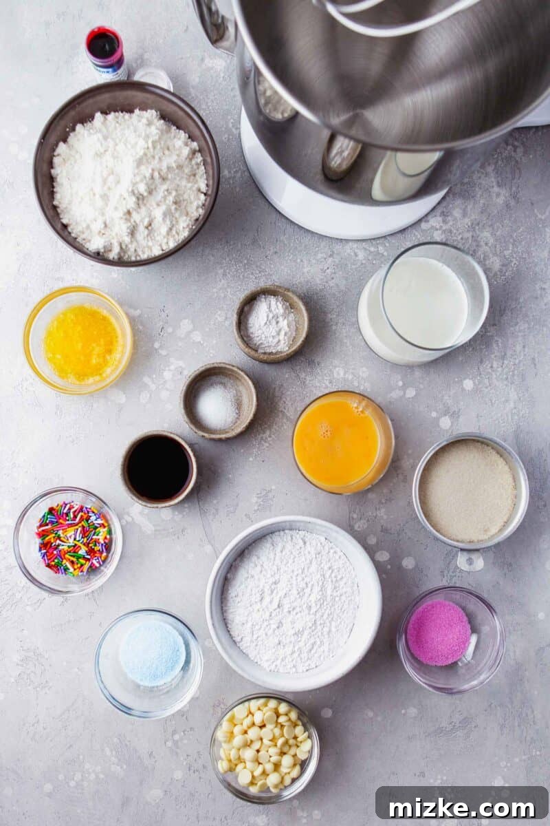 Perfectly Baked Vanilla Delights 3 A collection of fresh, simple ingredients for baked vanilla donuts, including flour, sugar, eggs, butter, and vanilla extract, are neatly spread across a clean countertop.