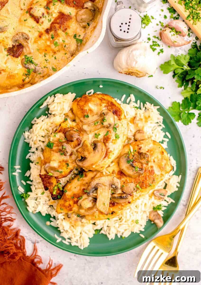 Simple Weeknight Chicken Marsala 2 A vibrant green plate holds a generous serving of succulent chicken marsala, alongside fluffy white rice.