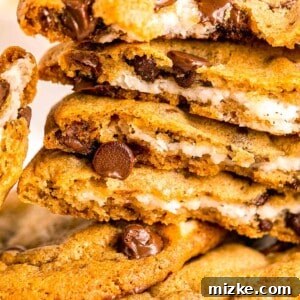Decadent Cheesecake-Stuffed Chocolate Chip Cookies 12 a stack of stuffed cookies are presented close up.