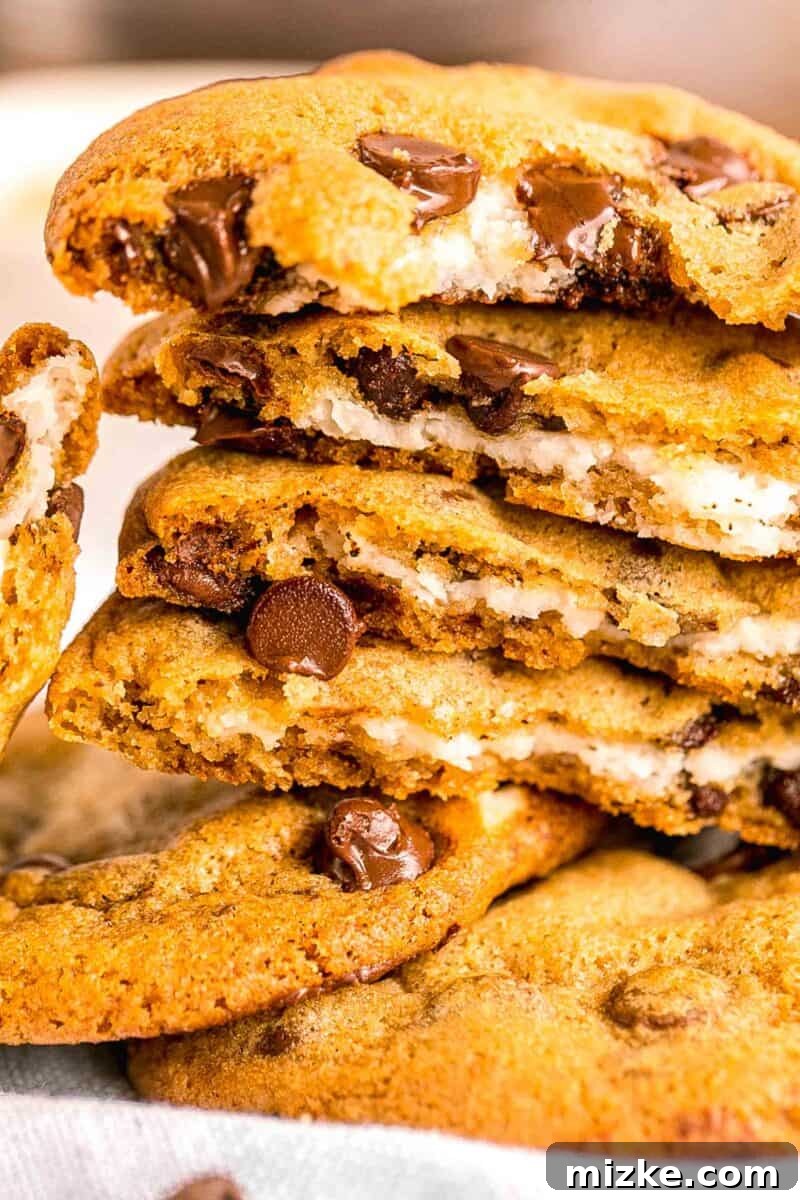 Decadent Cheesecake-Stuffed Chocolate Chip Cookies 10 a stack of cheesecake stuffed chocolate chip cookies are presented close up, showing their rich texture.