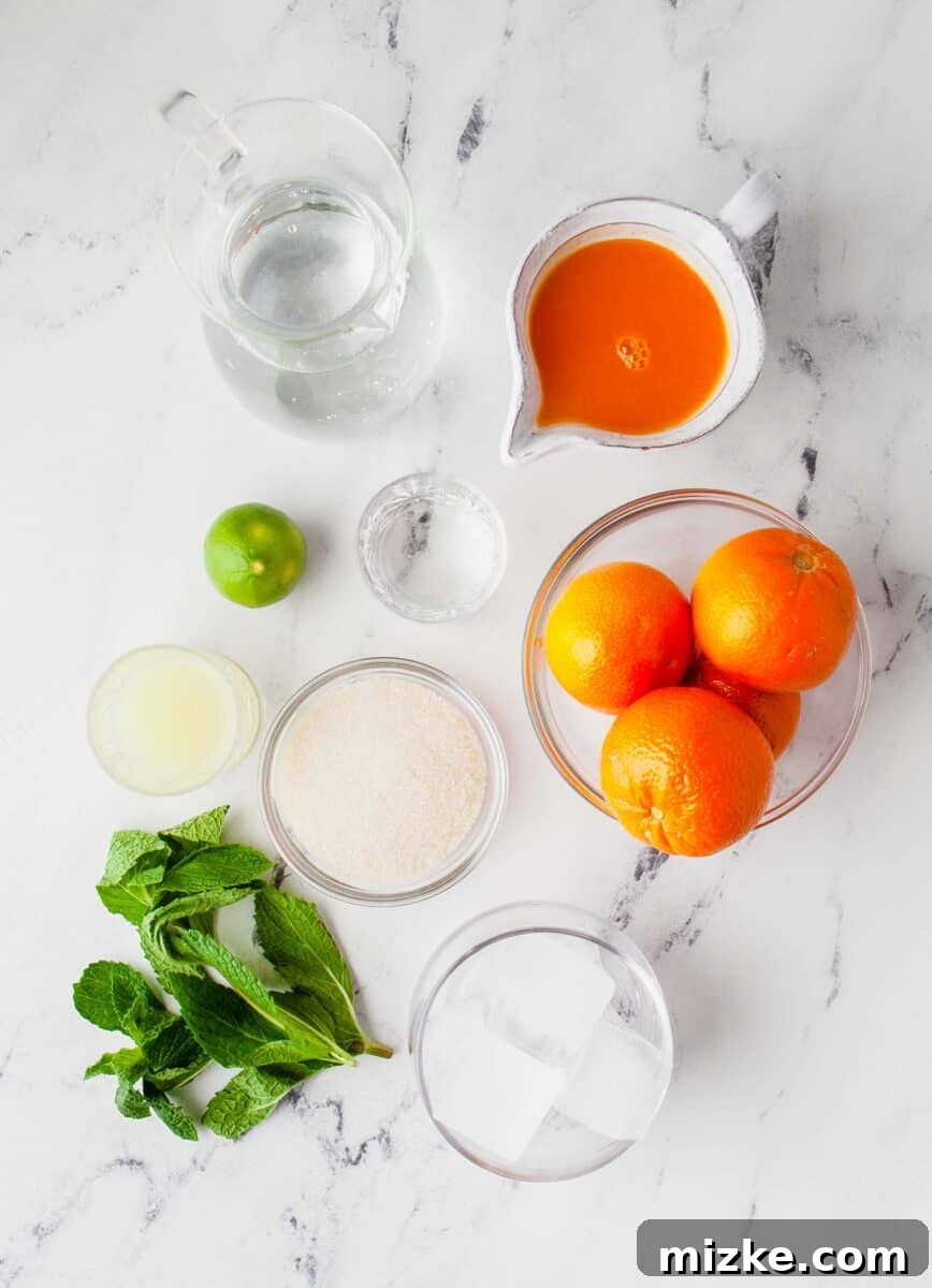 Sun-Kissed Mint Splash 3 The fresh ingredients for crafting homemade Orange Mojitos are beautifully arranged on a sleek marble countertop, showcasing mint, oranges, and rum.