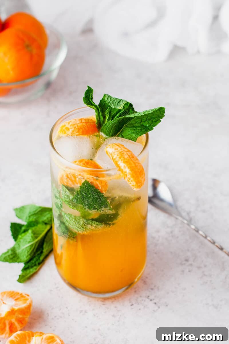 Sun-Kissed Mint Splash 6 A cocktail spoon rests beside a perfectly garnished glass of Orange Mojito, highlighting its refreshing appeal.